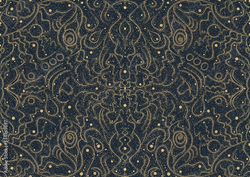 Hand-drawn unique abstract symmetrical seamless gold ornament with golden glittery splatter on a deep blue background. Paper texture. Digital artwork, A4. (pattern: p07-2a)