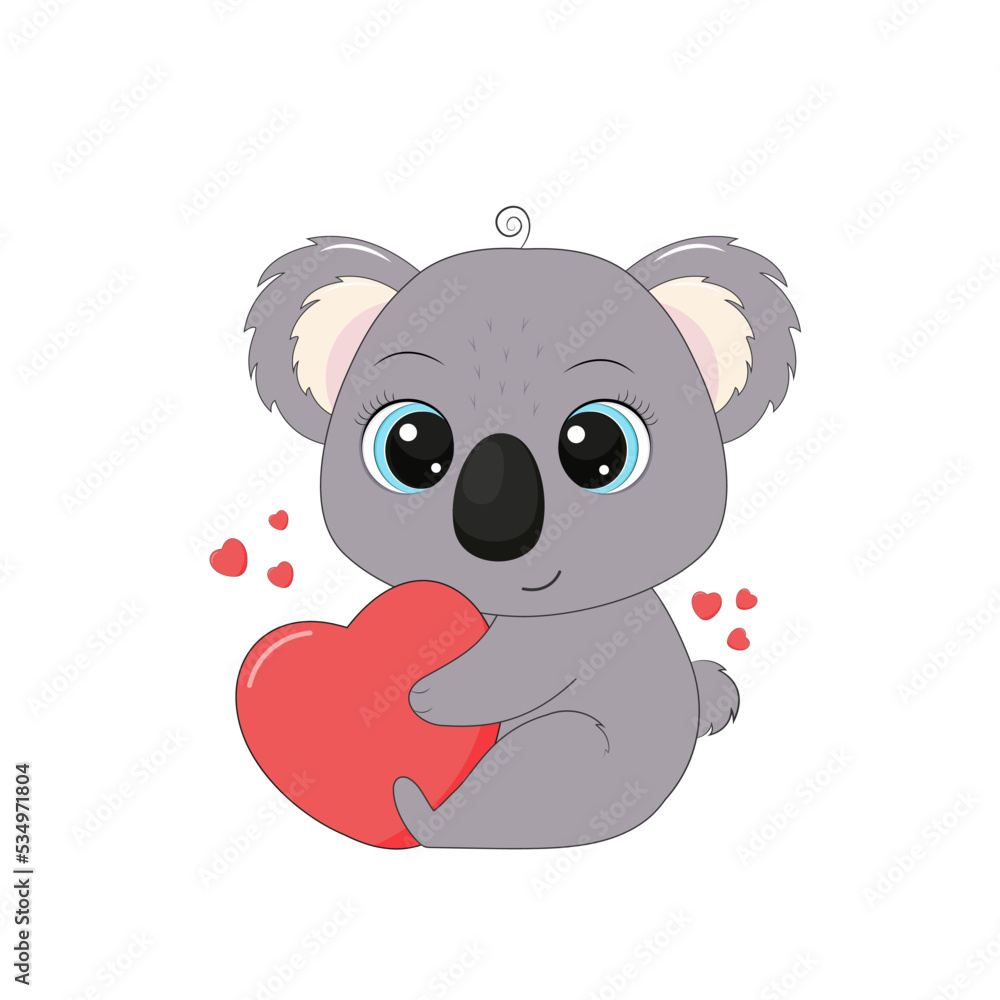 Cartoon cute koala sits and hugs a pink heart. Vector illustration for designs, prints and patterns Cartoon cute koala sits and hugs a pink heart. Vector illustration for designs, prints and patterns