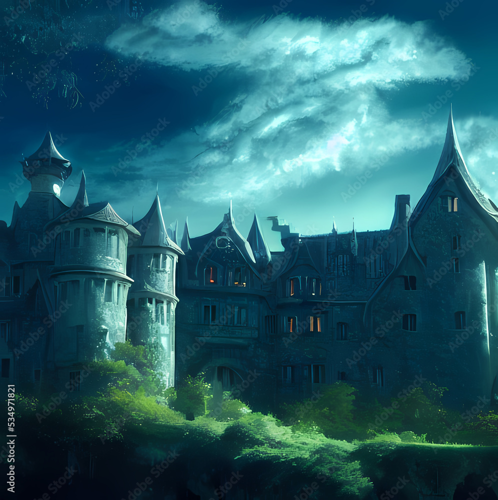 Fantasy old castle in the night digital art illustration