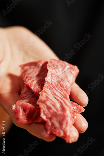 raw meat in the hands of the chef	