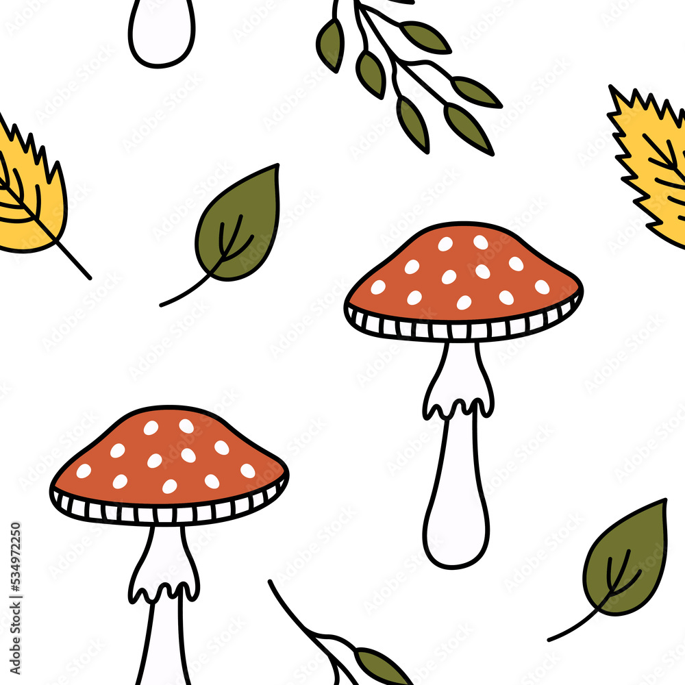 Cute autumn mushroom leaf pattern. Doodle colorful mushrooms and leaves autumn background. Endless, seamless pattern. Hand drawn cozy vector illustration.