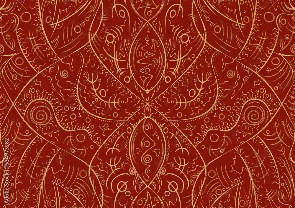 Hand-drawn unique abstract symmetrical seamless gold ornament on a bright red background. Paper texture. Digital artwork, A4. (pattern: p08-2a)