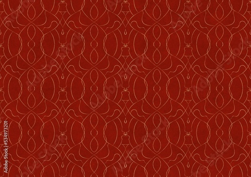 Hand-drawn unique abstract symmetrical seamless gold ornament on a bright red background. Paper texture. Digital artwork, A4. (pattern: p08-1c)