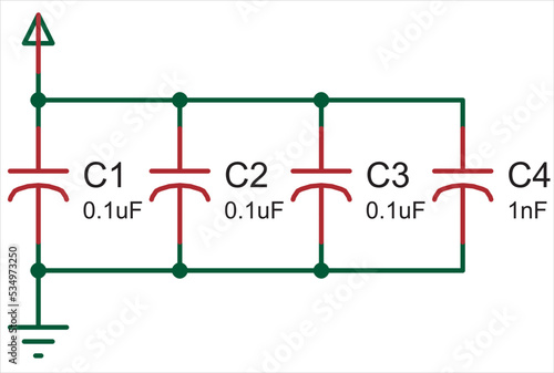 Vector electrical circuit with capacitor and gnd. 
Electrical schematic diagram. Array of capacitors. Electrical schematic diagram.