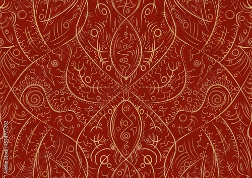 Hand-drawn unique abstract symmetrical seamless gold ornament on a bright red background. Paper texture. Digital artwork, A4. (pattern: p08-2a)