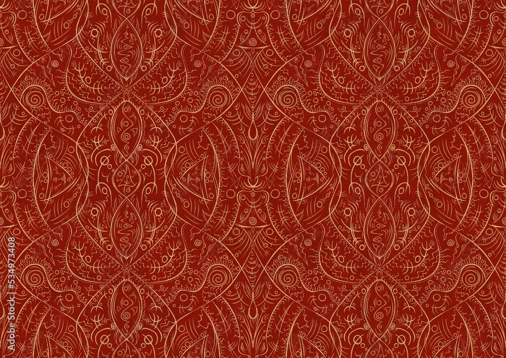 Hand-drawn unique abstract symmetrical seamless gold ornament on a bright red background. Paper texture. Digital artwork, A4. (pattern: p08-2b)