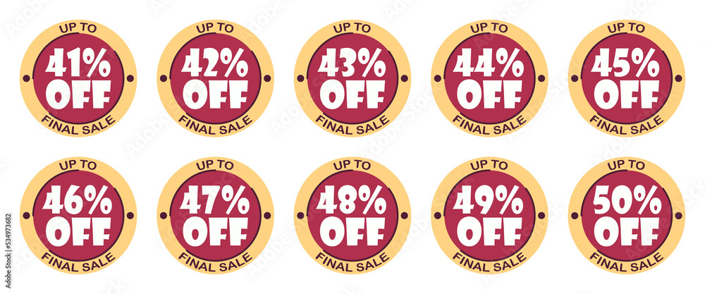 Set of discounts 41, 42, 43, 44, 45, 46, 47, 48, 49, 50 % percent. Sale tags set vector badges template, label symbols, discount promotion flat icon. Up to percent off final sale on white background