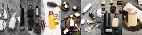 Collage of natural cosmetics for bathing and supplies