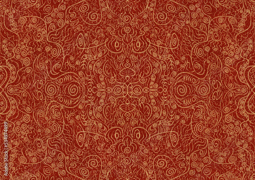 Hand-drawn unique abstract symmetrical seamless gold ornament with splatters of golden glitter on a bright red background. Paper texture. Digital artwork, A4. (pattern: p06a)