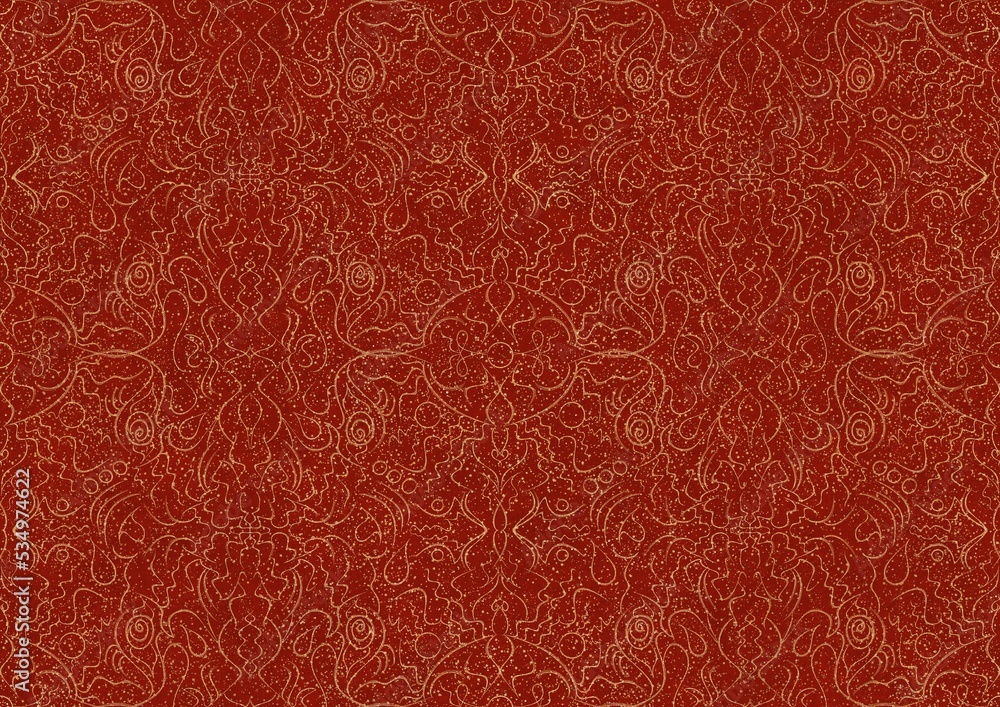 Hand-drawn unique abstract symmetrical seamless gold ornament with splatters of golden glitter on a bright red background. Paper texture. Digital artwork, A4. (pattern: p07-1b) Hand-drawn unique abstract symmetrical seamless gold ornament with splatters of golden glitter on a bright red background. Paper texture. Digital artwork, A4. (pattern: p07-1b)