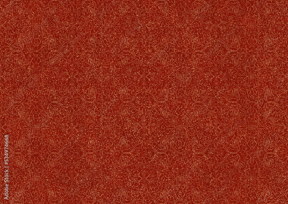 Fototapeta premium Hand-drawn unique abstract symmetrical seamless gold ornament with splatters of golden glitter on a bright red background. Paper texture. Digital artwork, A4. (pattern: p07-1c)