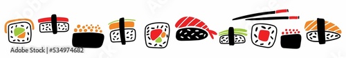 A horizontal set of sushi and rolls, hand-drawn in a doodle style. Oriental cuisine.