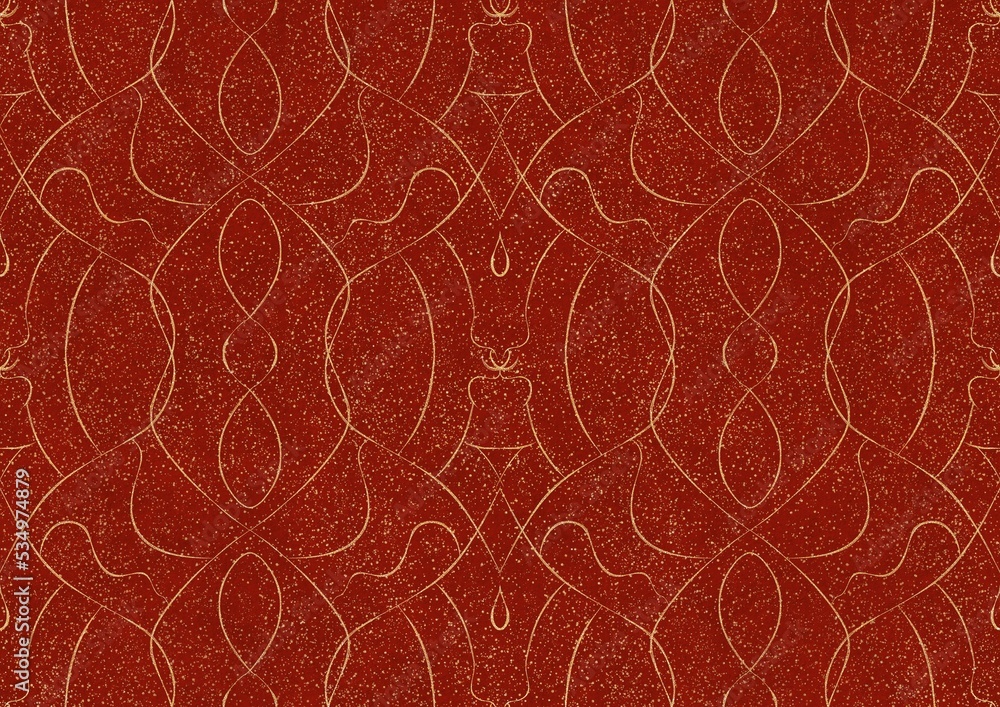 Hand-drawn unique abstract symmetrical seamless gold ornament with splatters of golden glitter on a bright red background. Paper texture. Digital artwork, A4. (pattern: p08-1b) Hand-drawn unique abstract symmetrical seamless gold ornament with splatters of golden glitter on a bright red background. Paper texture. Digital artwork, A4. (pattern: p08-1b)