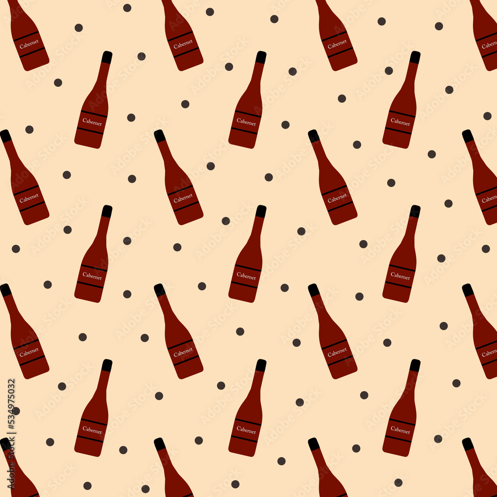 Wine bottles seamless pattern. Cabernet pattern with bottles and dots on light beige background. Party design Wine bottles seamless pattern. Cabernet pattern with bottles and dots on light beige background. Party design