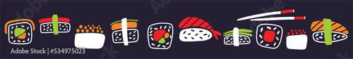 Vector, horizontal collection of sushi hand-drawn in the style of a doodle. Oriental cuisine.