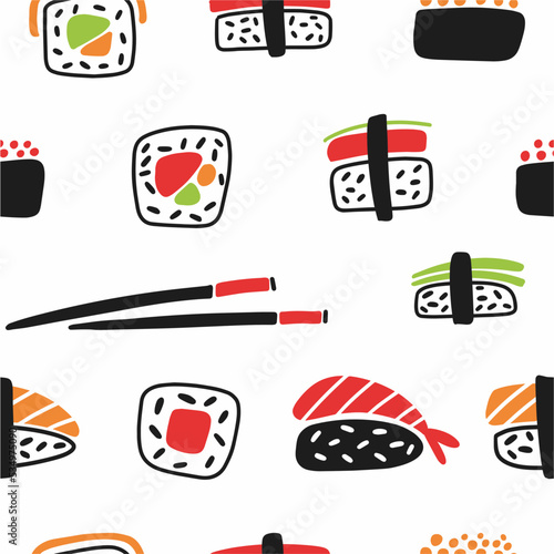Vector pattern of sushi hand-drawn in doodle style. Oriental cuisine.