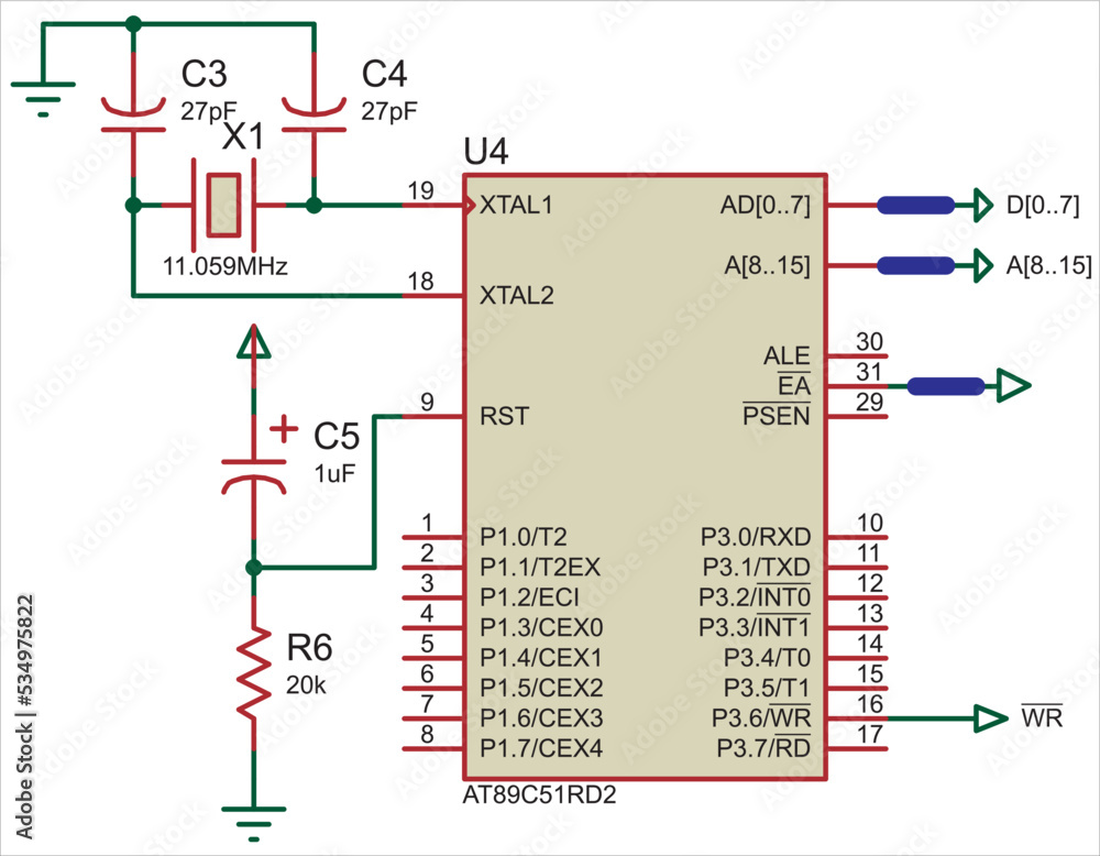 Vector electrical circuit with microcontroller, resistor, capacitor