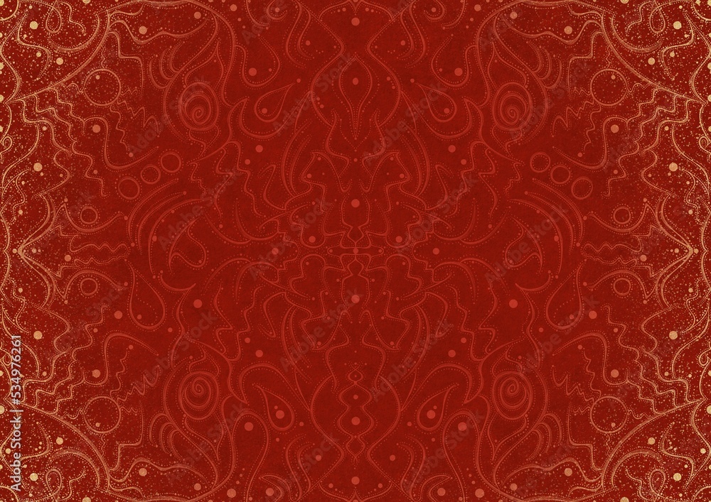 Hand-drawn unique abstract ornament. Light red on a bright red background, with vignette of same pattern and splatters in golden glitter. Paper texture. Digital artwork, A4. (pattern: p07-2a) Hand-drawn unique abstract ornament. Light red on a bright red background, with vignette of same pattern and splatters in golden glitter. Paper texture. Digital artwork, A4. (pattern: p07-2a)