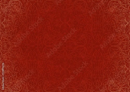 Hand-drawn unique abstract ornament. Light red on a bright red background, with vignette of same pattern and splatters in golden glitter. Paper texture. Digital artwork, A4. (pattern: p07-1b)