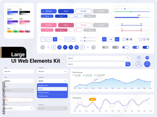 Big, huge, enhanced ui kit for web design, mobile apps with the different buttons, graphics, diagrams, menu, search, tabs and other.