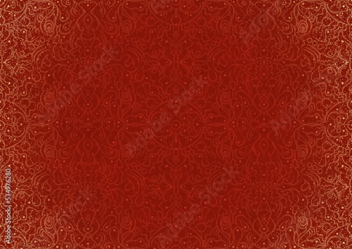 Hand-drawn unique abstract ornament. Light red on a bright red background, with vignette of same pattern and splatters in golden glitter. Paper texture. Digital artwork, A4. (pattern: p07-2b)