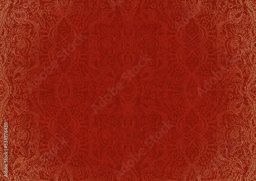 Hand-drawn unique abstract ornament. Light red on a bright red background, with vignette of same pattern and splatters in golden glitter. Paper texture. Digital artwork, A4. (pattern: p09b)