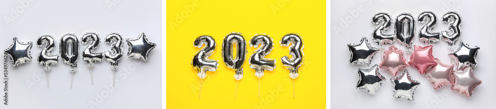 Collage of creative balloons in shape of figure 2023, top view Collage of creative balloons in shape of figure 2023, top view