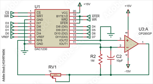 Vector electrical circuit with operational amplifier, resistor, capacitor, digital to analog converter. Electrical schematic diagram.
