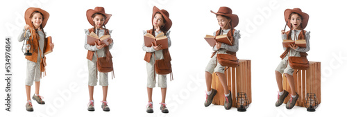 Obraz na plátně Set of cute little adventurer with book on white background