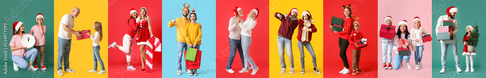 Set of happy people celebrating Christmas and New Year on color background