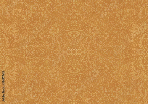 Hand-drawn unique abstract symmetrical seamless gold ornament on a yellow background. Paper texture. Digital artwork, A4. (pattern: p06a)