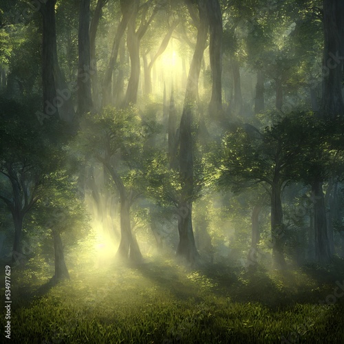 forest in light of fading sun, misty air