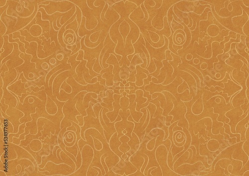 Hand-drawn unique abstract symmetrical seamless gold ornament on a yellow background. Paper texture. Digital artwork, A4. (pattern: p07-1a)