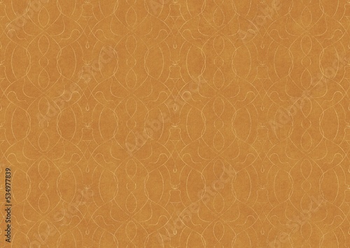Hand-drawn unique abstract symmetrical seamless gold ornament on a yellow background. Paper texture. Digital artwork, A4. (pattern: p08-1c)