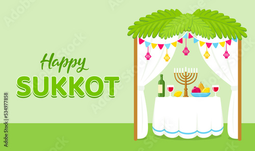 Happy Sukkot cute cartoon Sukkah
