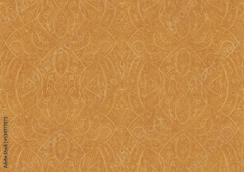 Hand-drawn unique abstract symmetrical seamless gold ornament on a yellow background. Paper texture. Digital artwork, A4. (pattern: p08-2b)