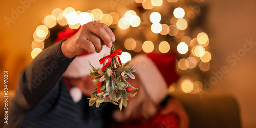 Mature couple with mistletoe branch kissing at home on Christmas eve photo