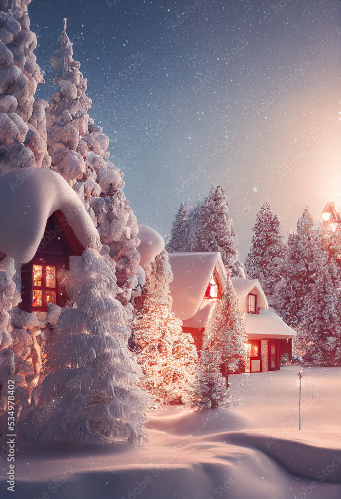 Weihnachts Dorf im Winter romantische Stimmung festlich - obrazy, fototapety, plakaty 