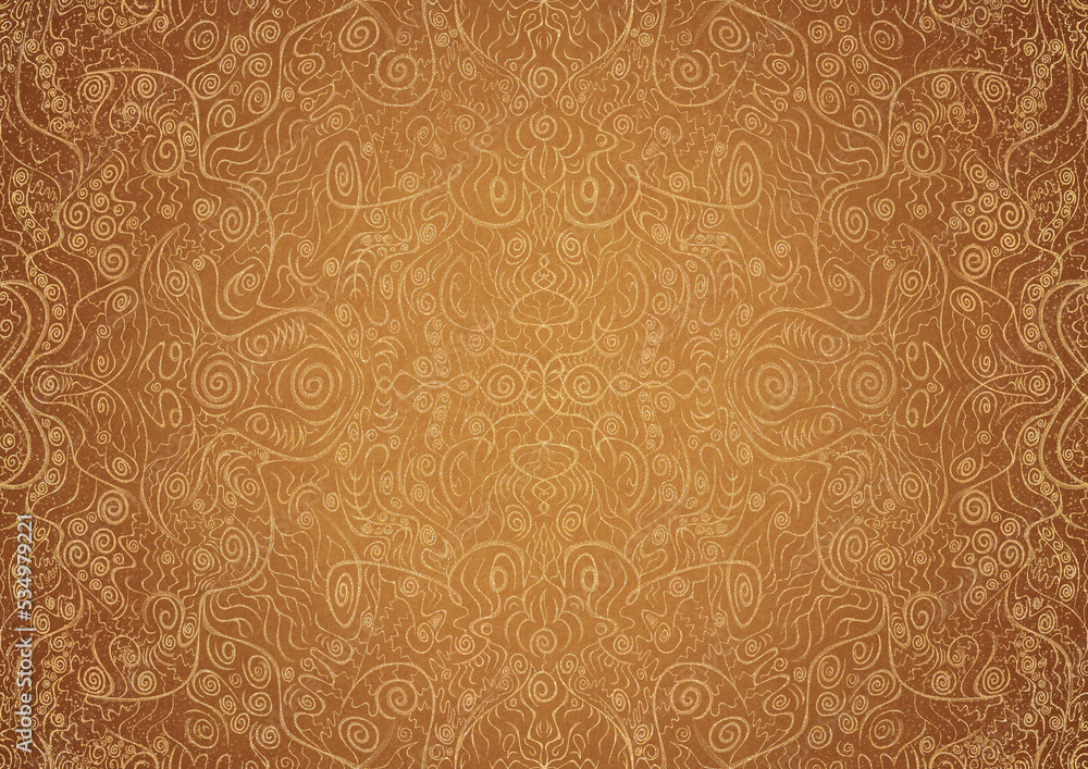 Hand-drawn unique abstract gold ornament on a yellow background, with vignette of darker background color and splatters of golden glitter. Paper texture. Digital artwork, A4. (pattern: p06a) Hand-drawn unique abstract gold ornament on a yellow background, with vignette of darker background color and splatters of golden glitter. Paper texture. Digital artwork, A4. (pattern: p06a)