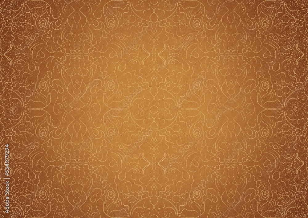 Hand-drawn unique abstract gold ornament on a yellow background, with vignette of darker background color and splatters of golden glitter. Paper texture. Digital artwork, A4. (pattern: p07-1b) Hand-drawn unique abstract gold ornament on a yellow background, with vignette of darker background color and splatters of golden glitter. Paper texture. Digital artwork, A4. (pattern: p07-1b)