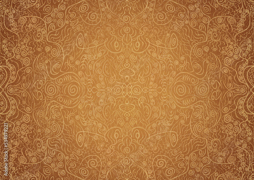 Hand-drawn unique abstract gold ornament on a yellow background, with vignette of darker background color and splatters of golden glitter. Paper texture. Digital artwork, A4. (pattern: p06a)
