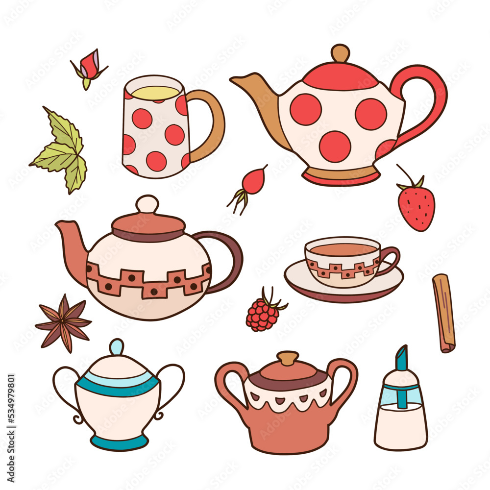 Flat drawings, cup and teapot set for tea and coffee