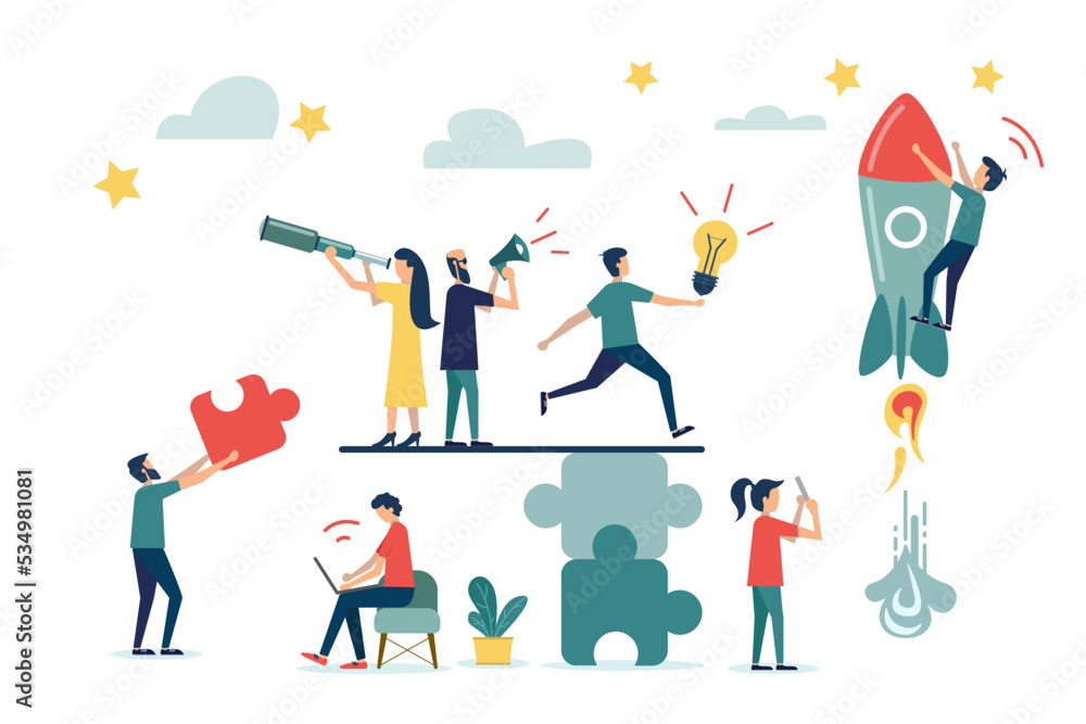 Prepare a business project start up. Vector illustration a group of people characters are thinking over an idea.  Rise of the career to success, flat color icons, business analysis vector.