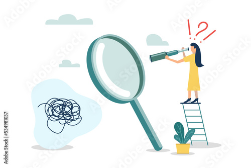Curiosity explore unknown, seek for success concept, search for solution or new business opportunity, curios businesswoman with huge question mark look through binoculars to search for new business