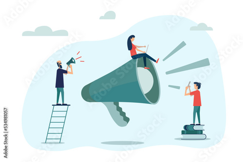 Tiny people creative trainees or company members listening to the performance to skilled coach or senior colleague. Vector illustration flat design style. Professional speaker with megaphone.