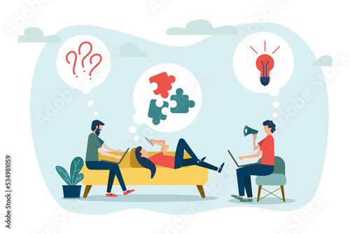 Vector colourful illustration of collective thinking and brainstorming, company information analytics