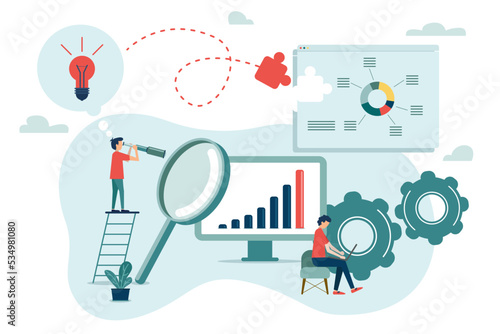 Flat vector design Data analysis and statistical for business finance investment concept. Business people team working on monitor graph dashboard
