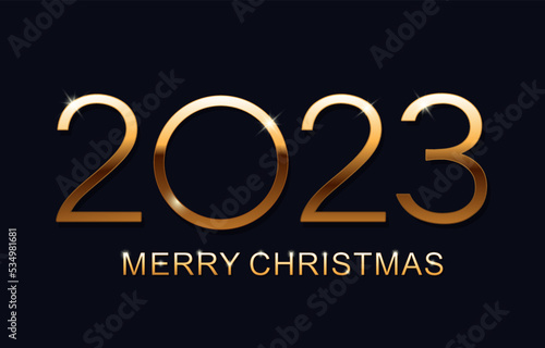 Merry Christmas and Happy New 2023 Year. Elegant gold text with light. Minimalistic text. Isolated vector illustration.