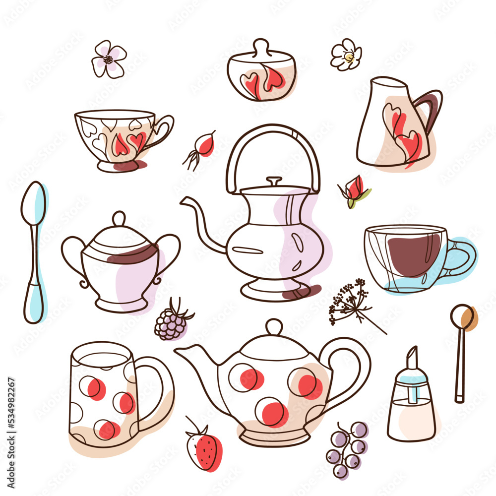 contour and spot drawings, cup and teapot set, for tea and coffee contour and spot drawings, cup and teapot set, for tea and coffee