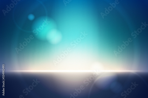 Horizon or podium with light effect, illumination and glare, glowing and shining in camera. Gleam and radiance, glitter and shimmering. Vector in realistic style
